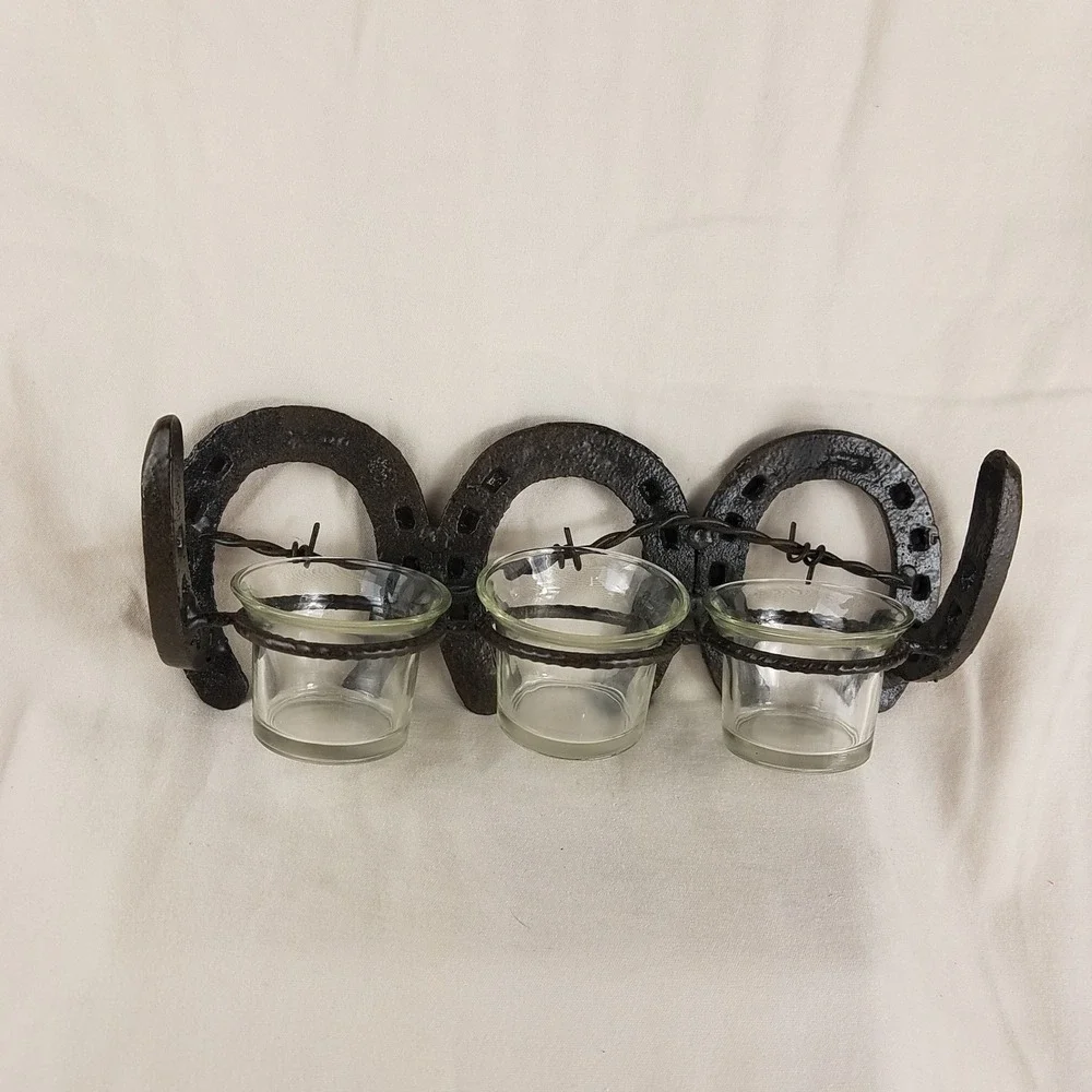 Rustic‎ Horseshoe Barbed Wire Votive Candle Holder 3 Glass Cups Western Decor